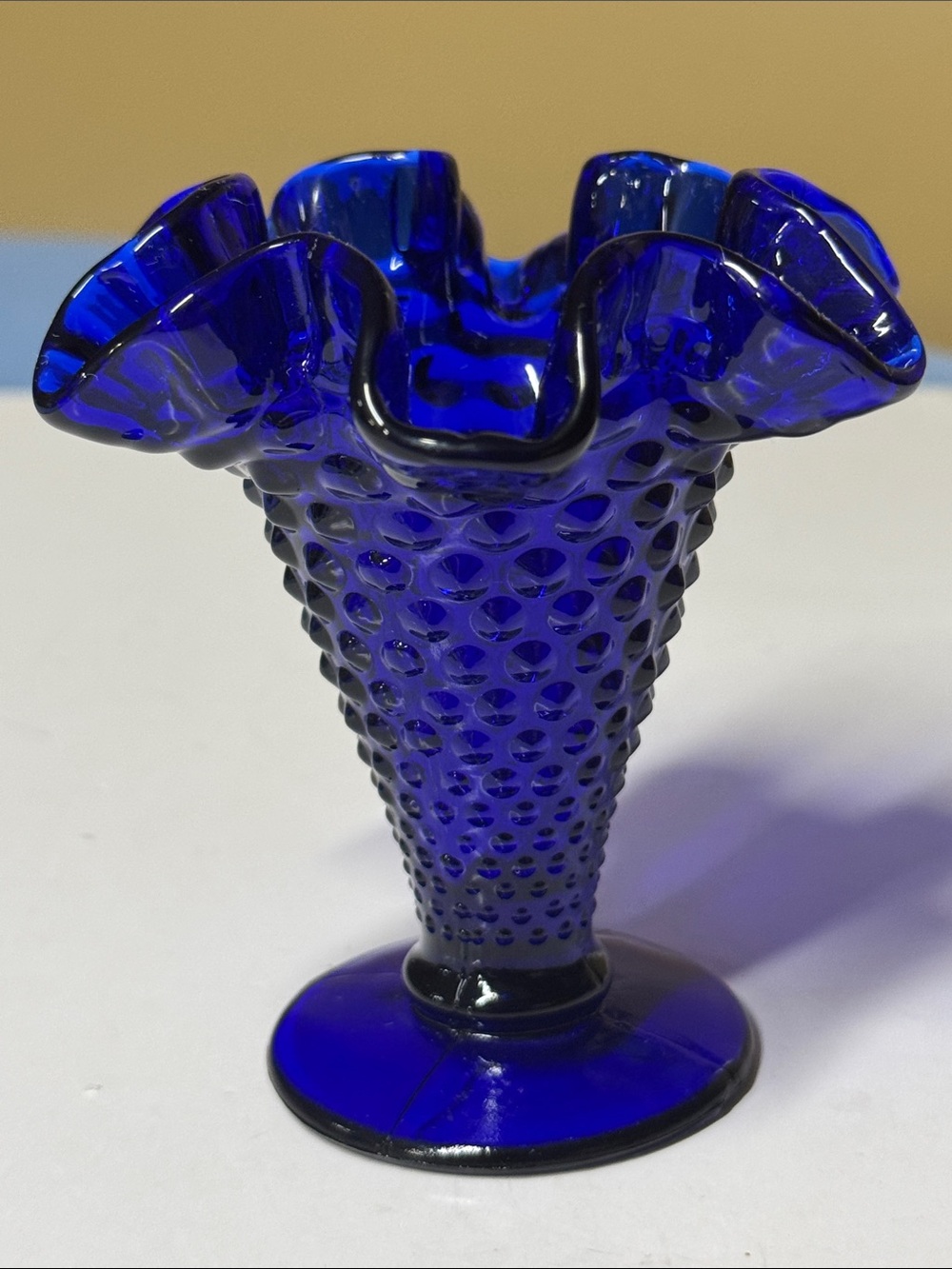 Fenton cobalt blue hobnail ruffled 4” trumpet vase